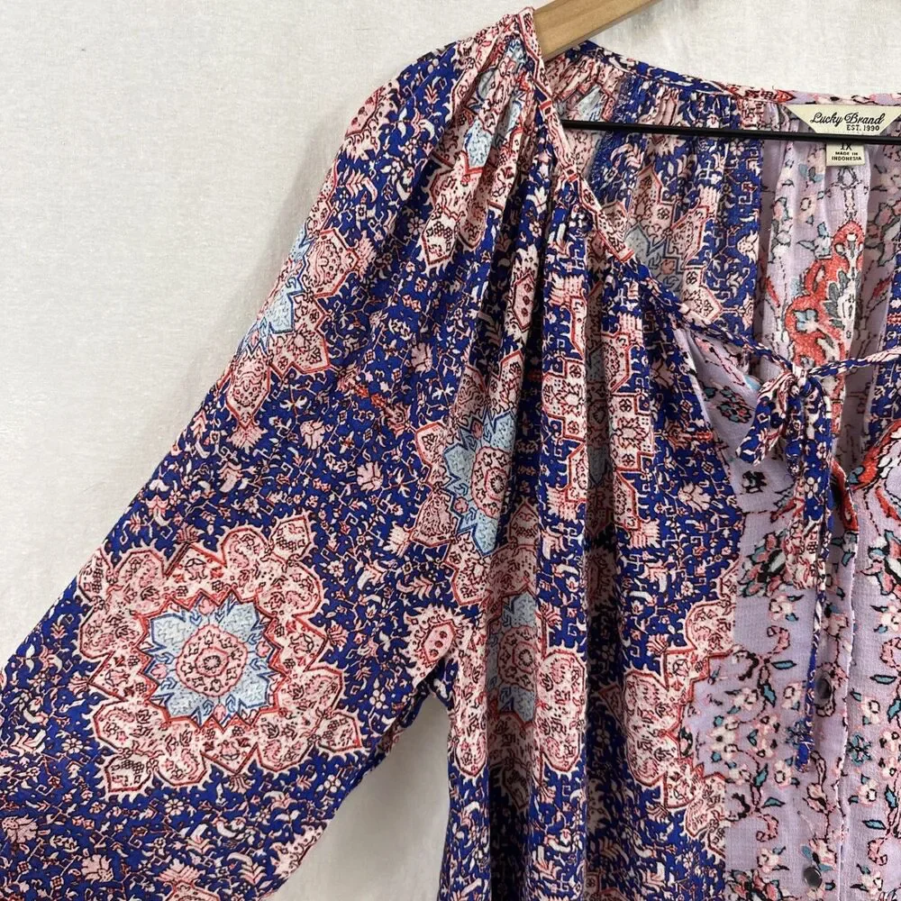 Lucky Brand Boho Blue Colorful Tie Popover Peasant Top Womens Sz 1X Festival - Picture 4 of 8